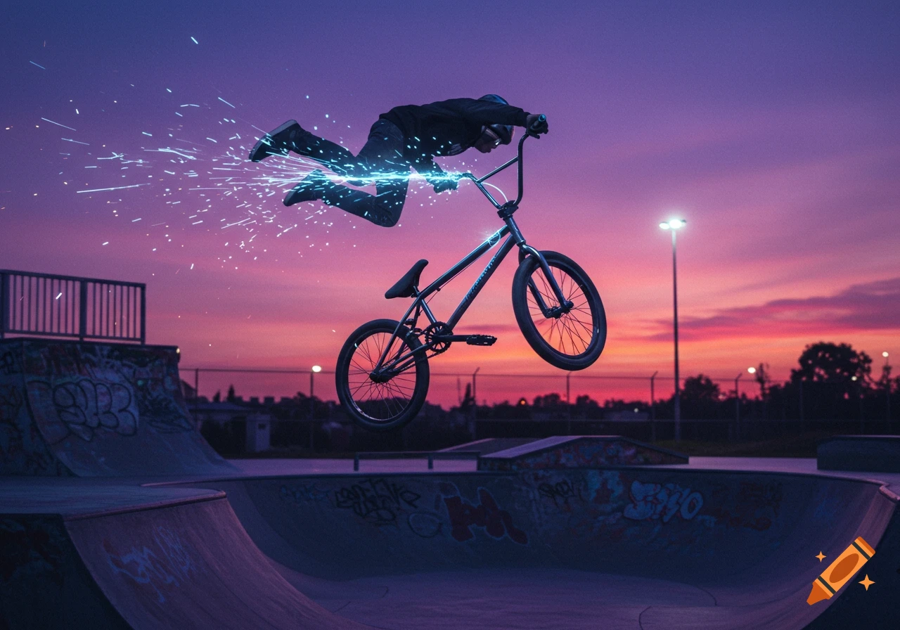 A BMX rider in mid-air above a skatepark at sunset, with blue light trails and sparks emanating from his body. The sky is purple and orange.