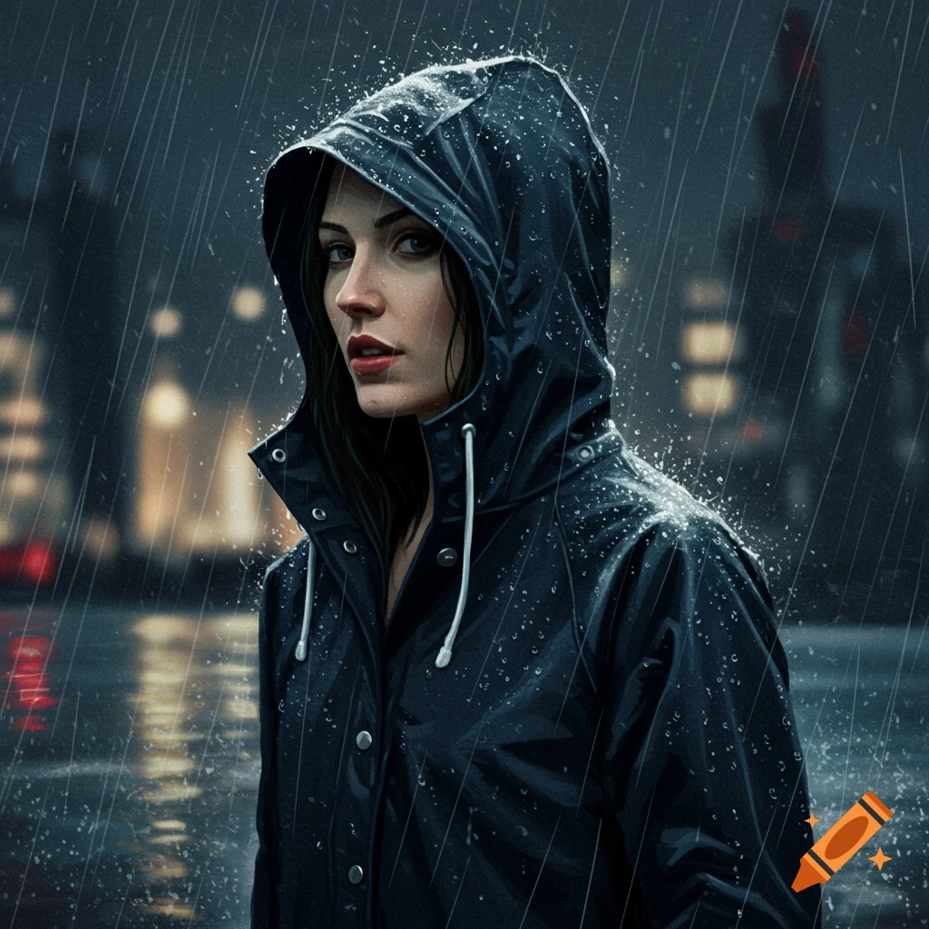 A woman in a navy blue rain slicker with her hood up stands in pouring rain at night, city lights blurred in the background, photorealistic style.