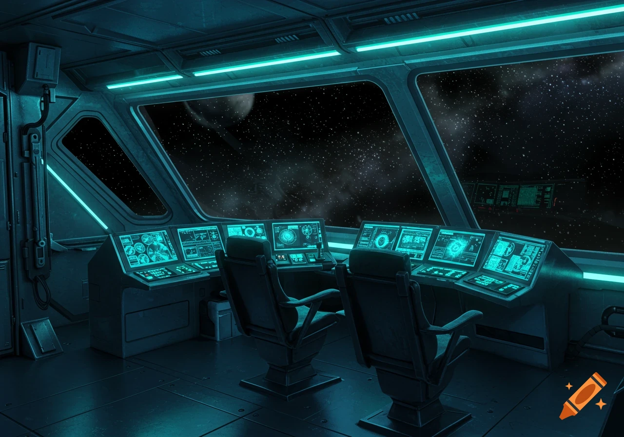 Futuristic spaceship cockpit with two chairs and glowing screens, looking out into starry space with a planet.