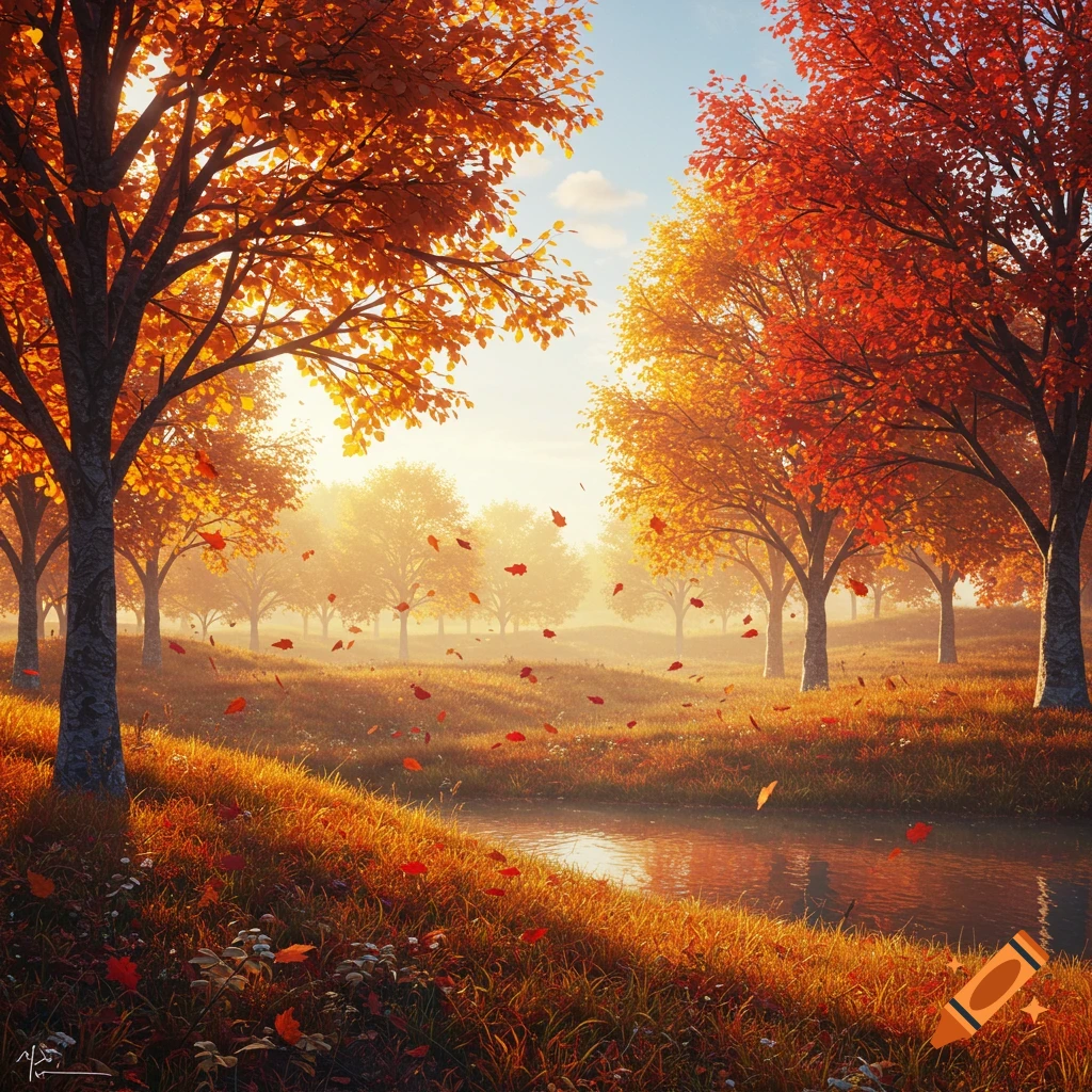 A vibrant autumn landscape with trees displaying orange and red leaves, a winding stream, and golden light filtering through a misty background.