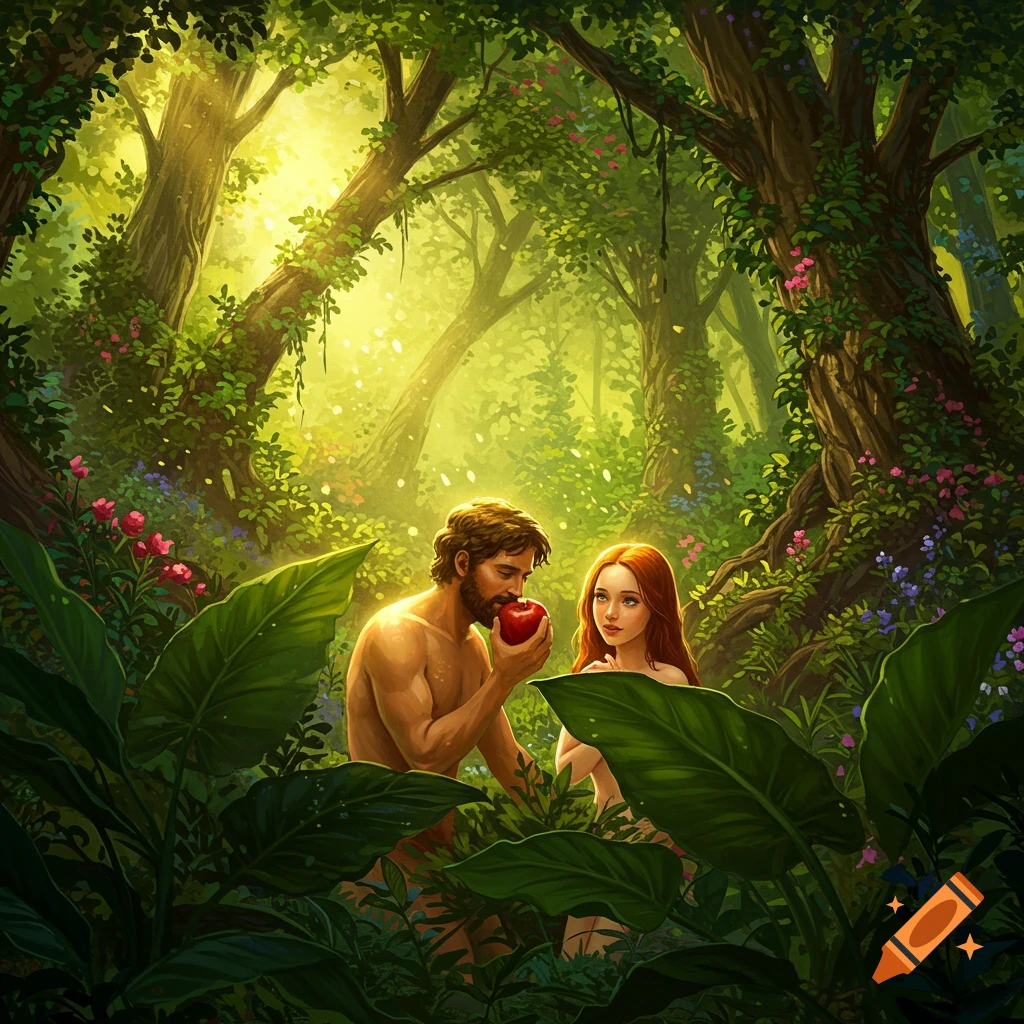 Adam offers Eve a red apple in a lush, sunlit Garden of Eden.