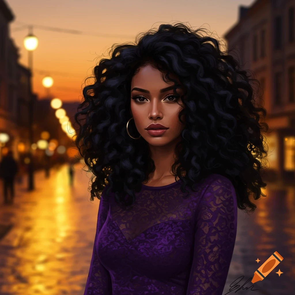 Woman with voluminous curly hair in a sheer purple top stands on a luminous city street at sunset.