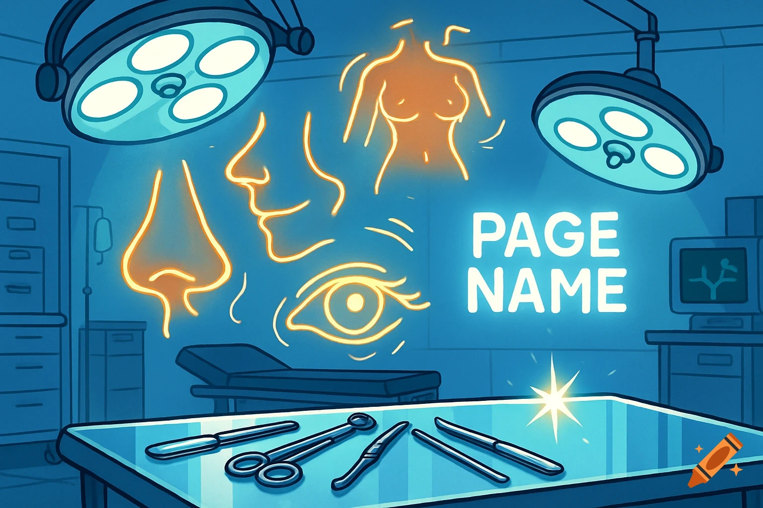 Cartoon operating room with glowing outlines of a nose, jawline, torso, and eye. Surgical instruments on a table. Text 'PAGE NAME'.