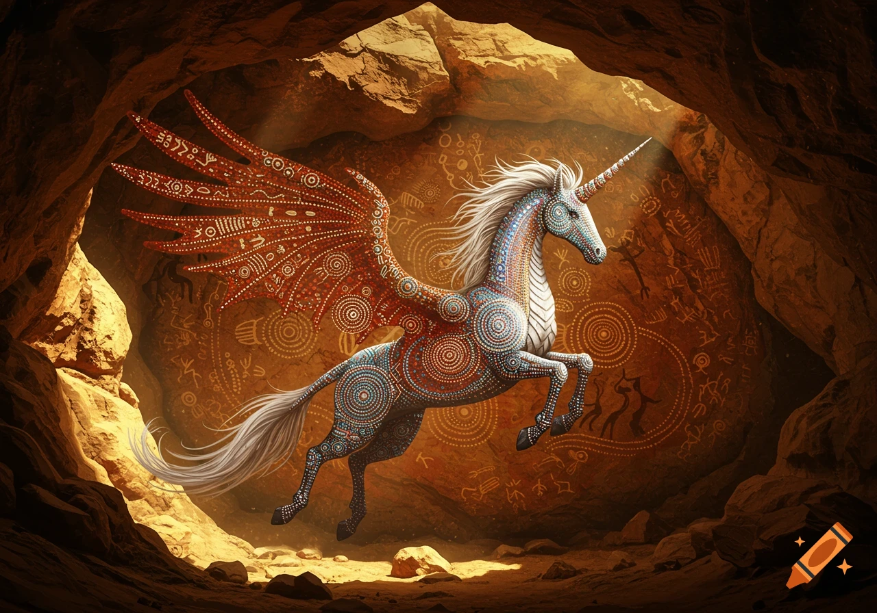 A unicorn-dragon in a cave, adorned with colorful aboriginal dot painting patterns, amidst cave wall art.