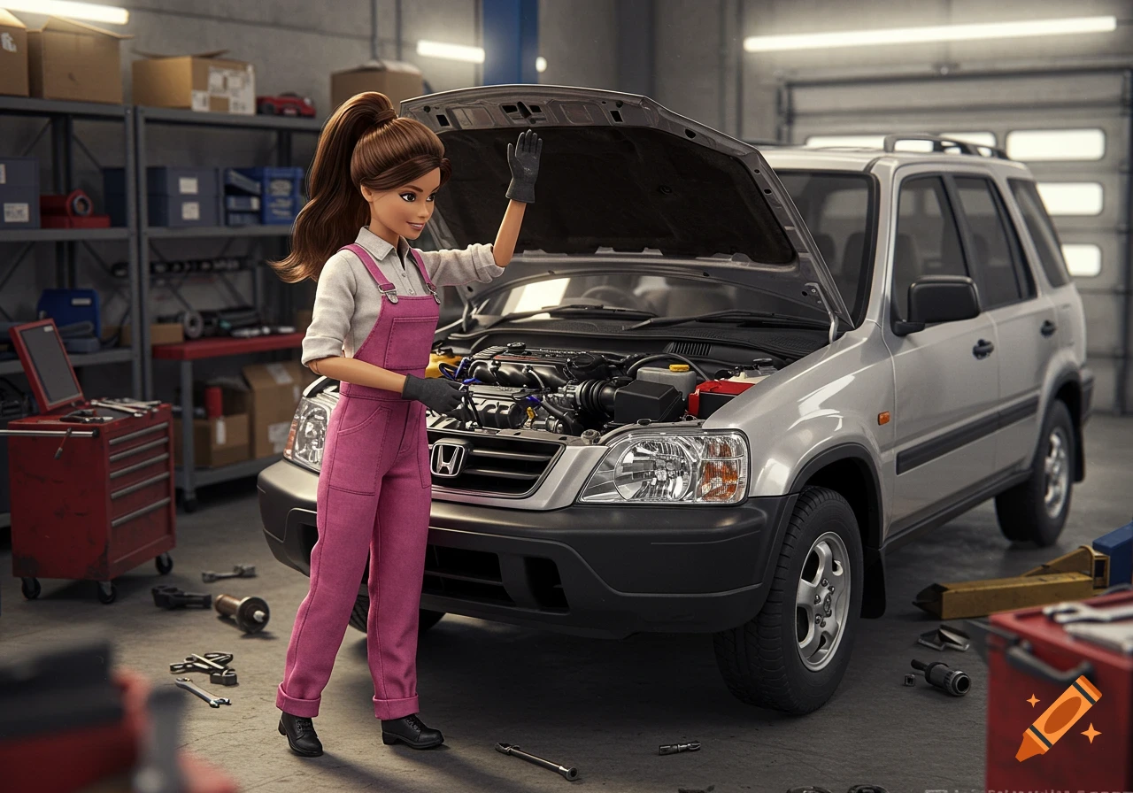 Photorealistic Barbie mechanic in pink overalls inspecting the engine of a silver SUV in a detailed garage with tools.