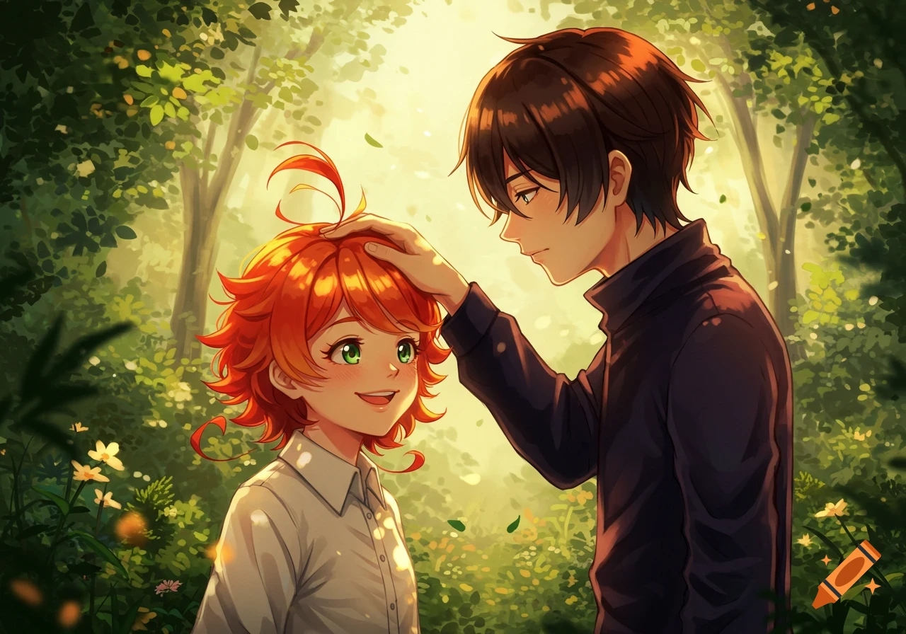 Anime style illustration of a boy gently patting a red-haired girl's head in a sunny forest.