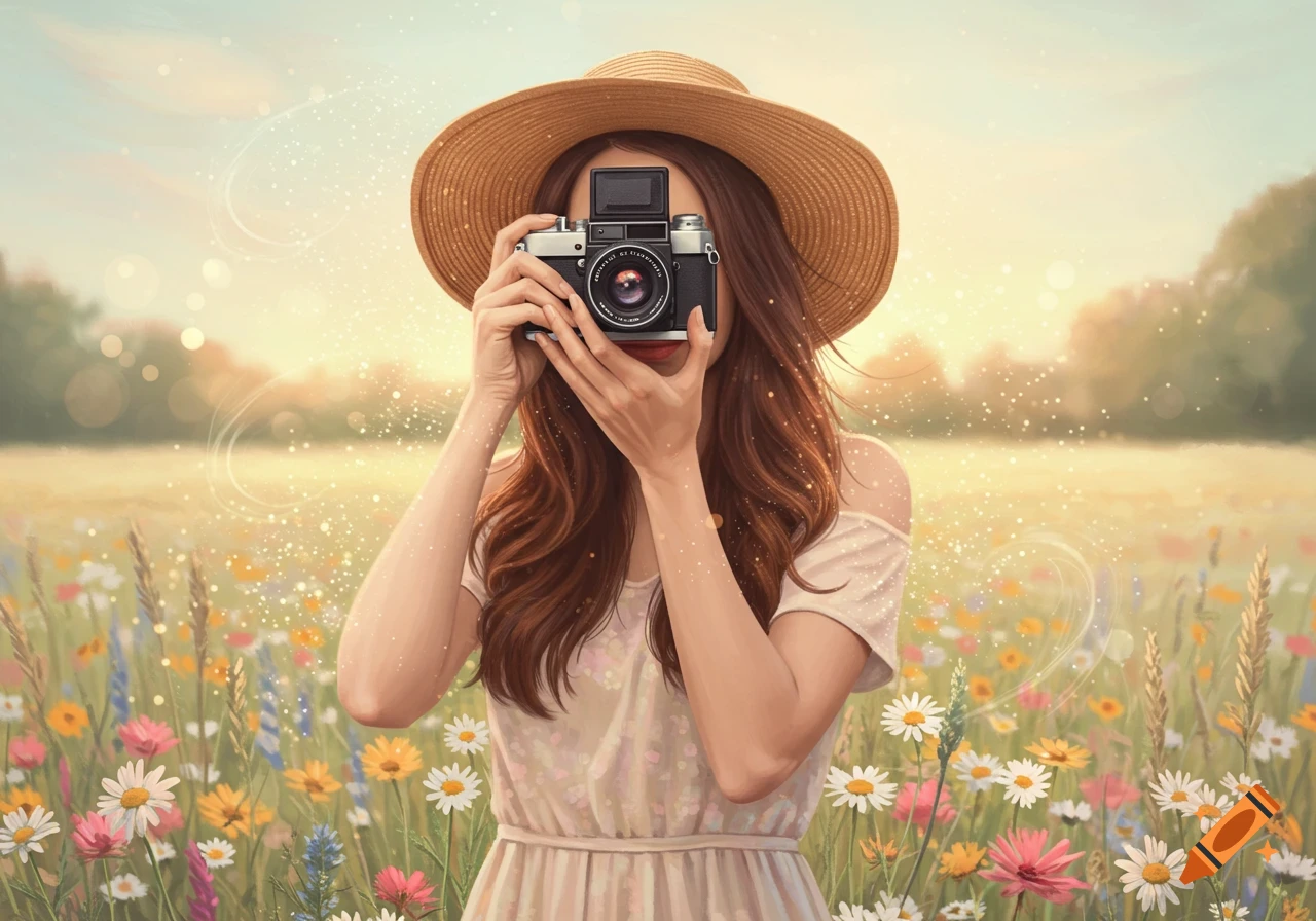 A young woman in a straw hat holds a vintage camera, obscuring her face, in a sunlit field of wildflowers with sparkling light.