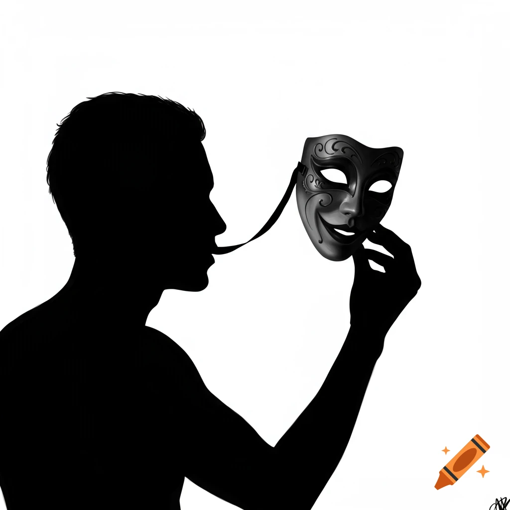 Black silhouette of a man holding a detailed, ornate black mask by a ribbon, pulling it away from his face, against a stark white background.