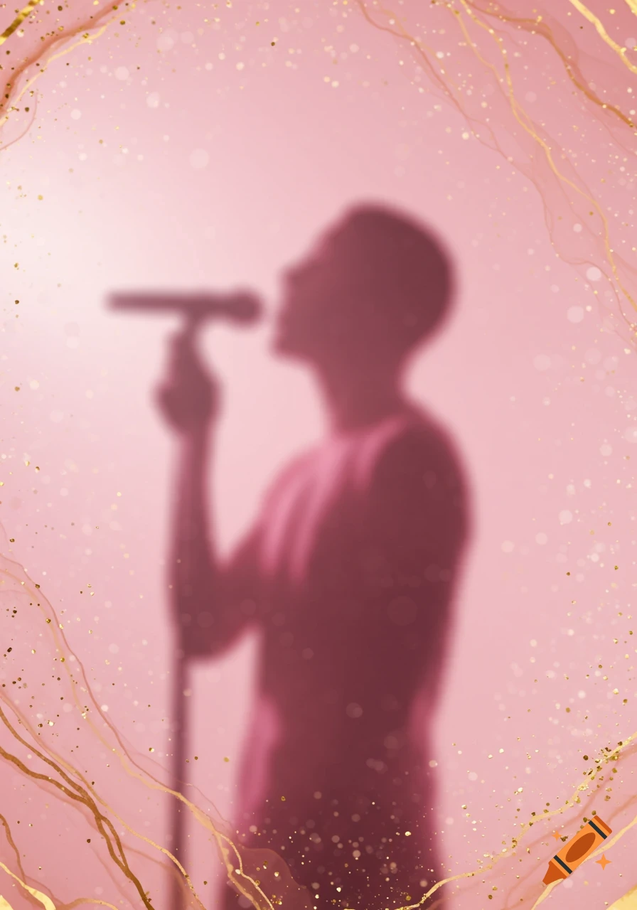 Blurred pink silhouette of a singer with a microphone on a glittery pink and gold abstract background.