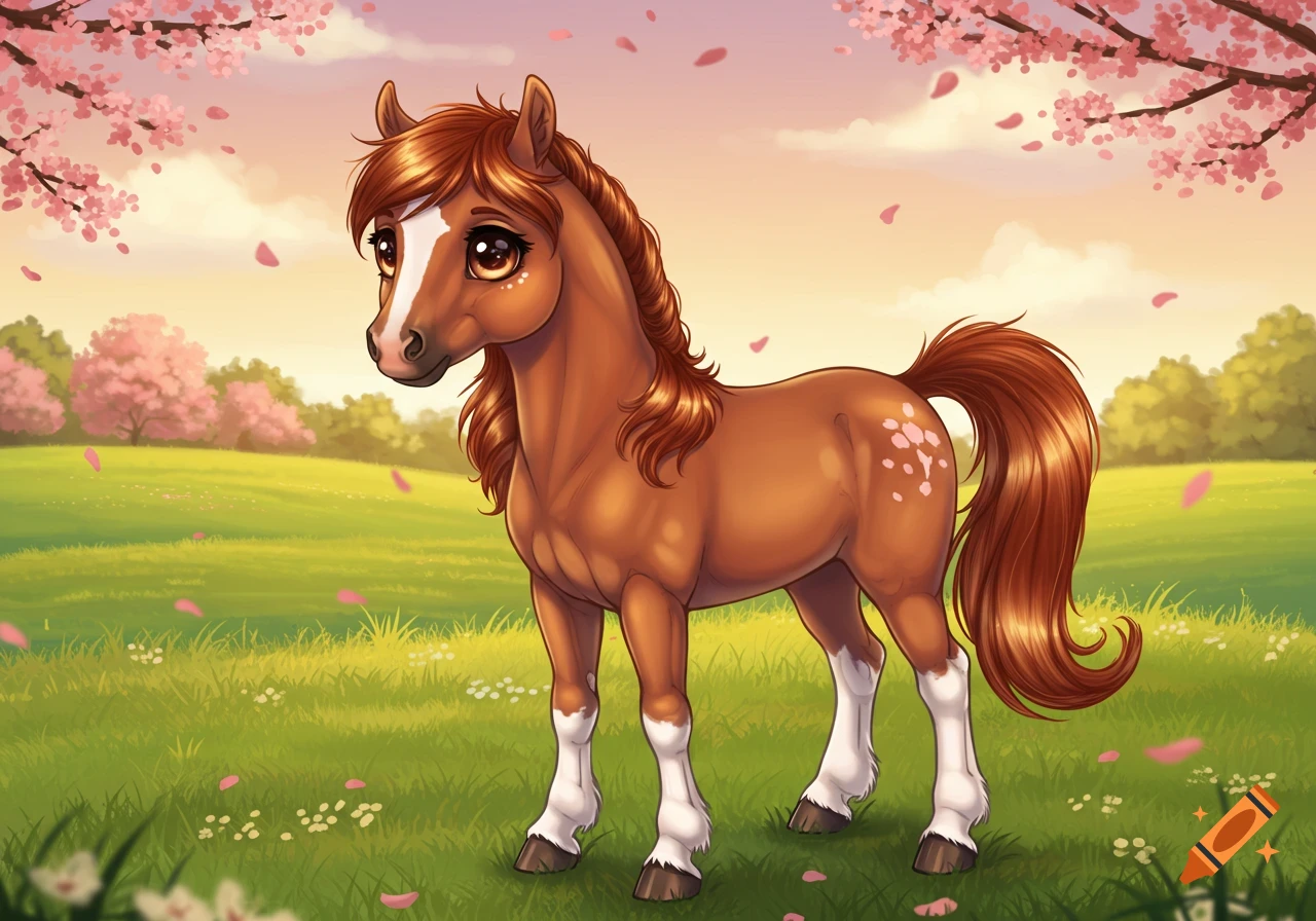 Cute brown cartoon horse with a white blaze and socks, standing in a green field with pink cherry blossoms and falling petals.