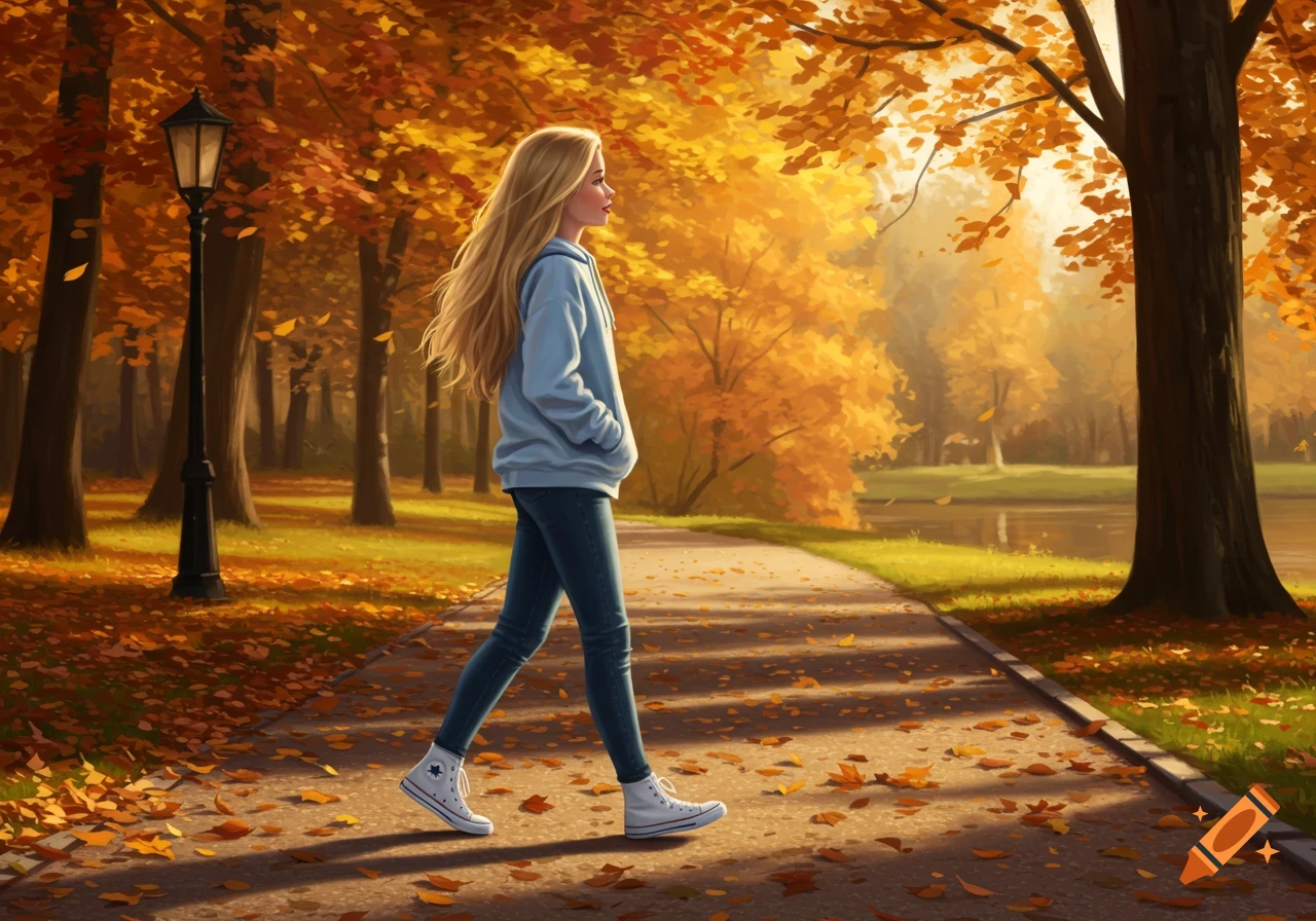 Blonde woman in a blue hoodie and jeans walks on an autumn park path with fallen leaves.