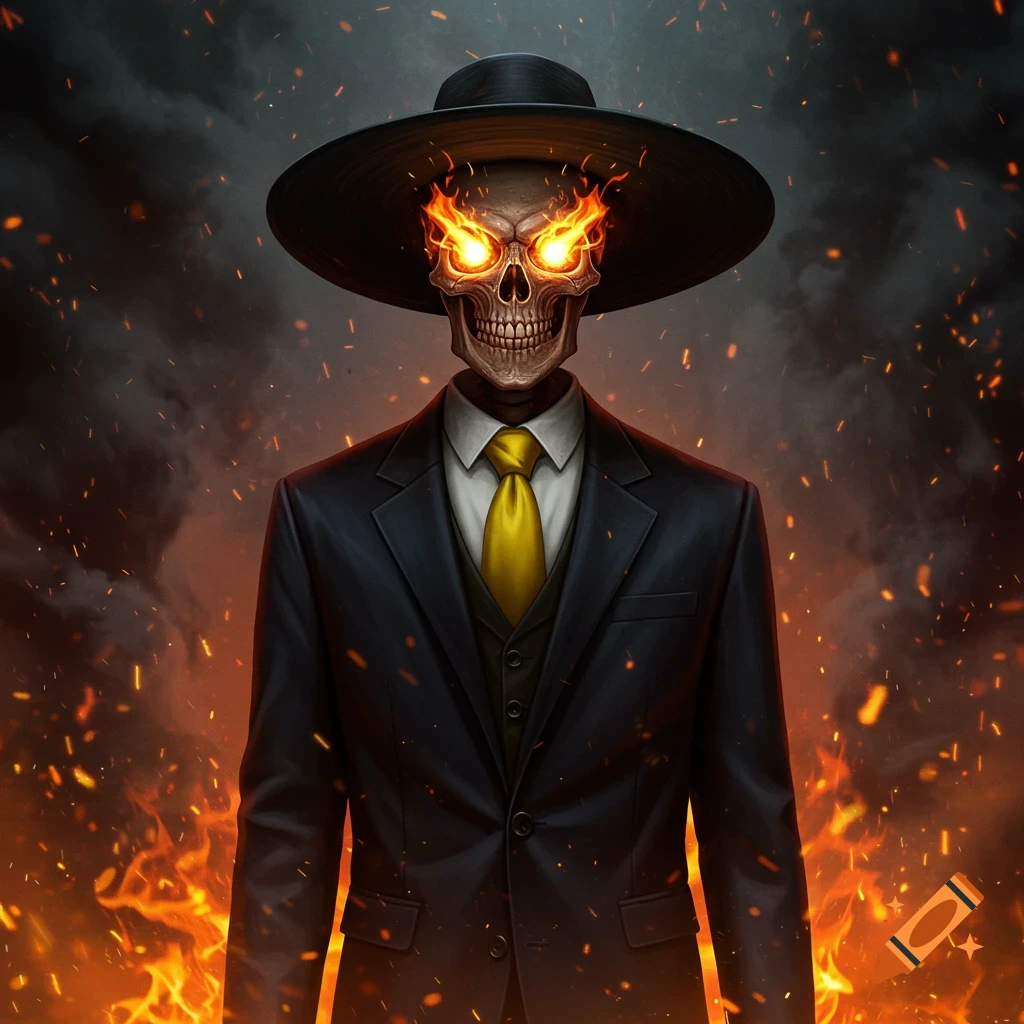 A skeleton in a black suit, black hat, and yellow tie stands amidst flames with glowing fiery eyes.