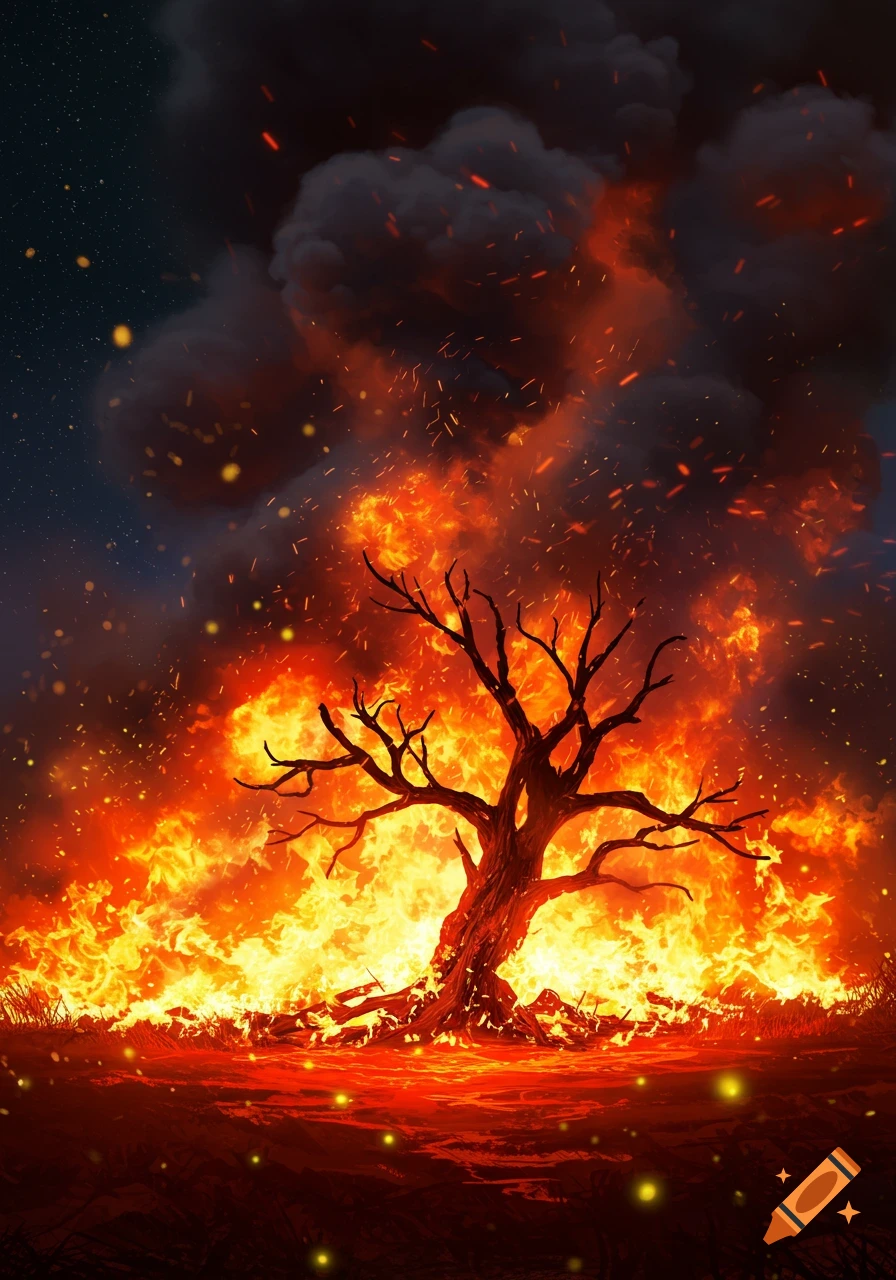 A silhouetted, bare tree engulfed in vivid orange flames and dark smoke against a starry night sky.