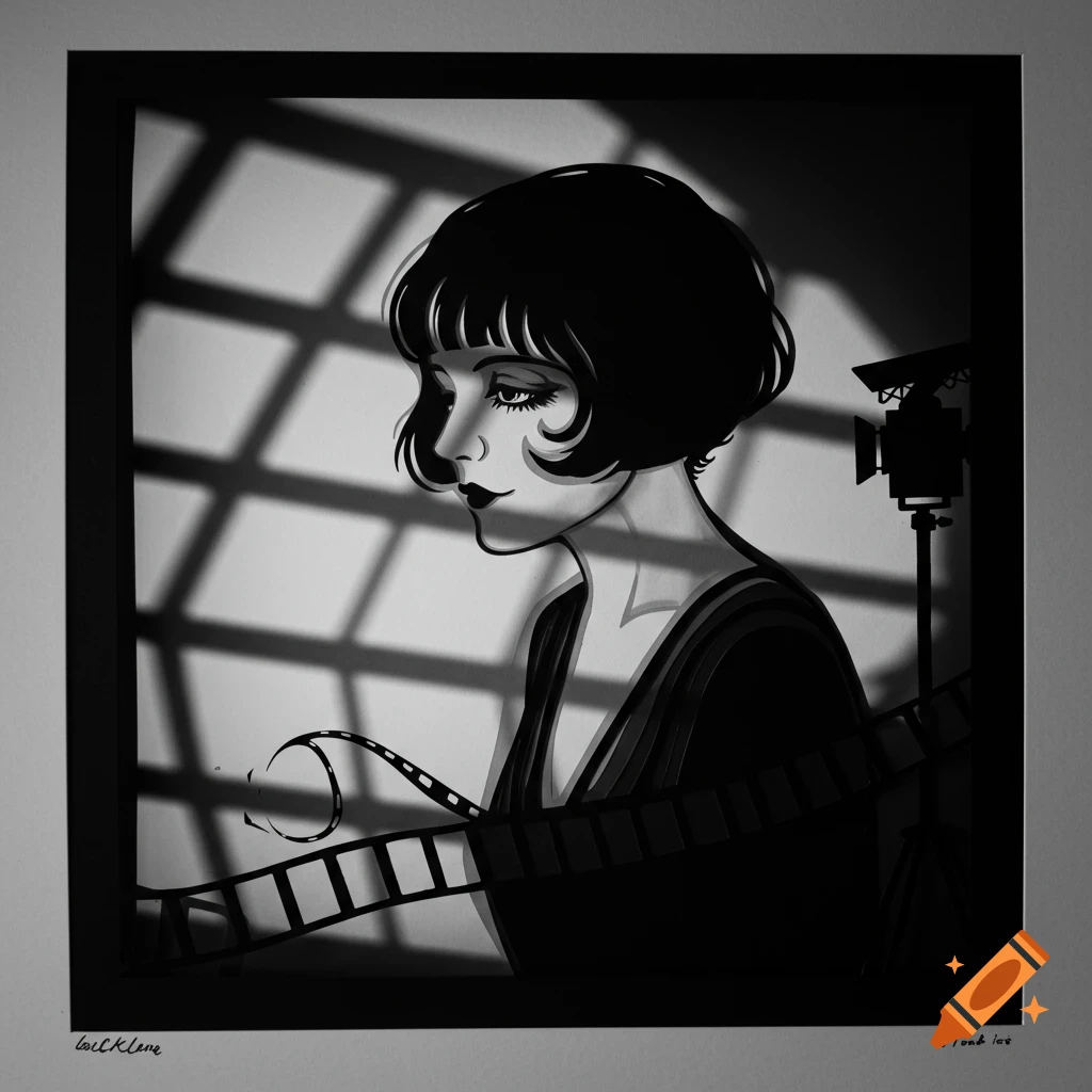 Black and white cut paper illustration of a silent movie star, film strip in foreground, camera and window shadows in background.