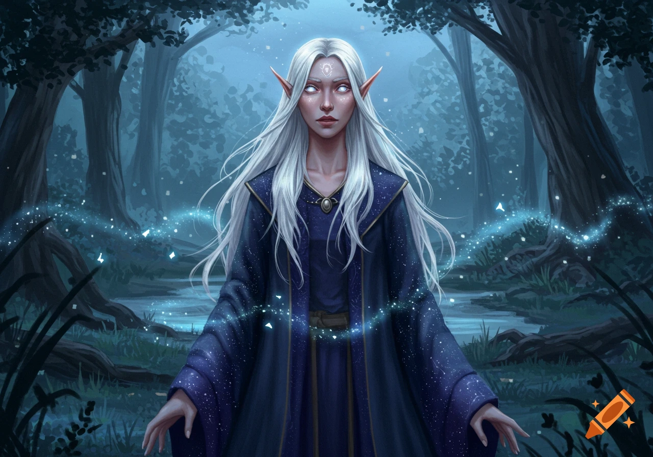 A white-haired elf with glowing eyes and symbols on her forehead stands in a dark mystical forest, surrounded by blue magic particles.