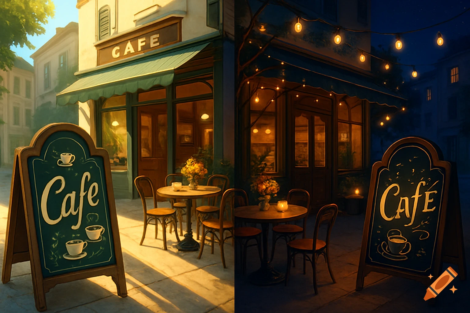 A split image of a charming cafe, showing its exterior in warm daylight on the left and glowing with string lights at night on the right.