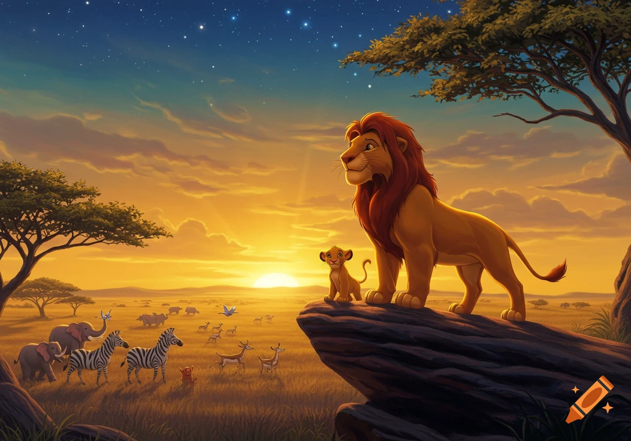 Animated Mufasa and Simba survey the savanna from a rock at sunrise, with other animals below.