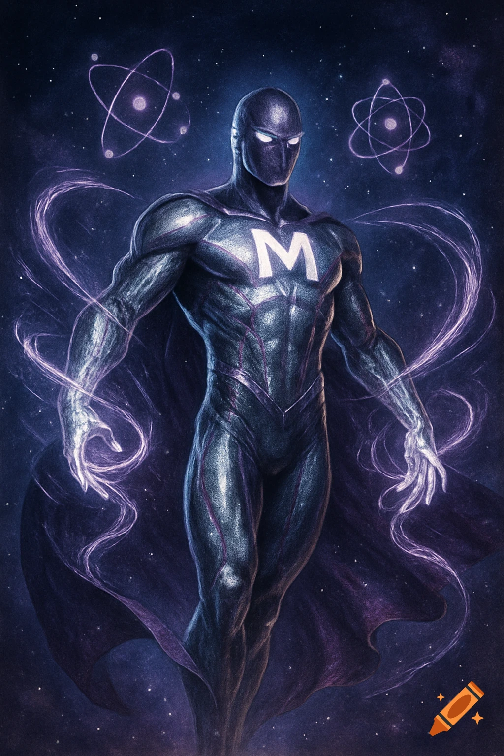A dark, muscular superhero with a masked face, glowing eyes, and an 'M' on his chest, surrounded by purple energy and atomic symbols against a starry sky.
