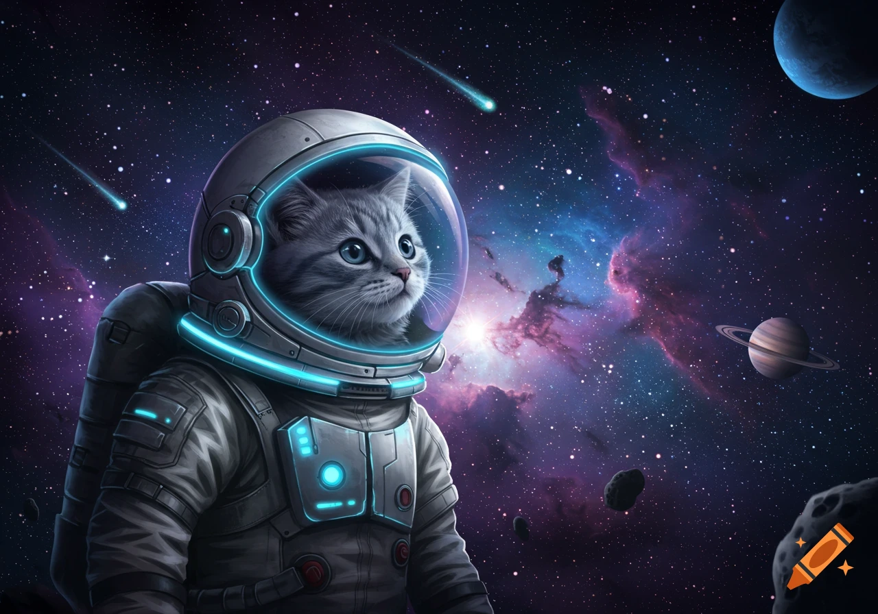 A cute gray cat in a detailed astronaut suit with blue glowing lights floats in deep space amidst colorful nebulae, stars, and planets.