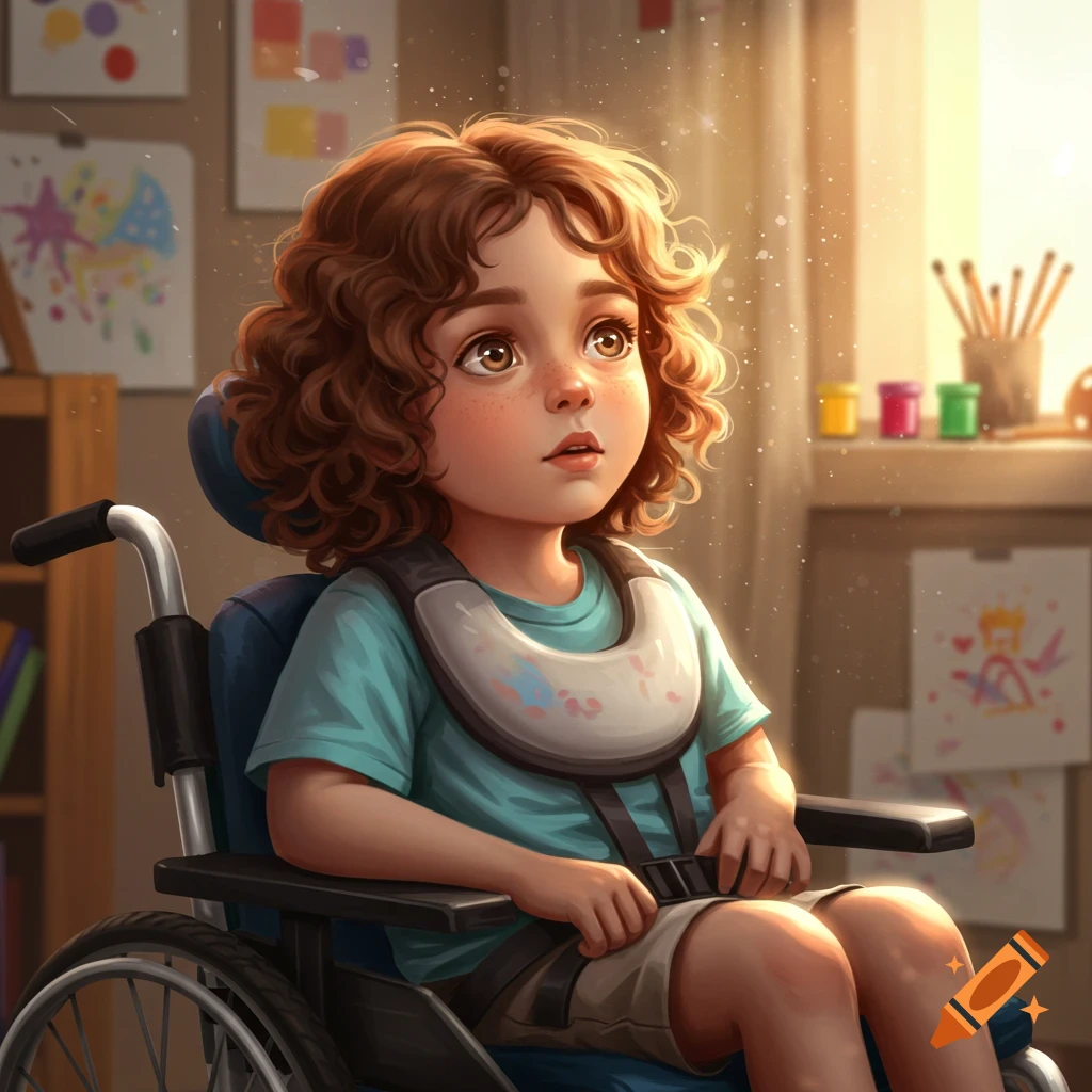 Digital illustration of a curly-haired child in a wheelchair looking up curiously, bathed in sunlight, in a room with drawings on the wall.