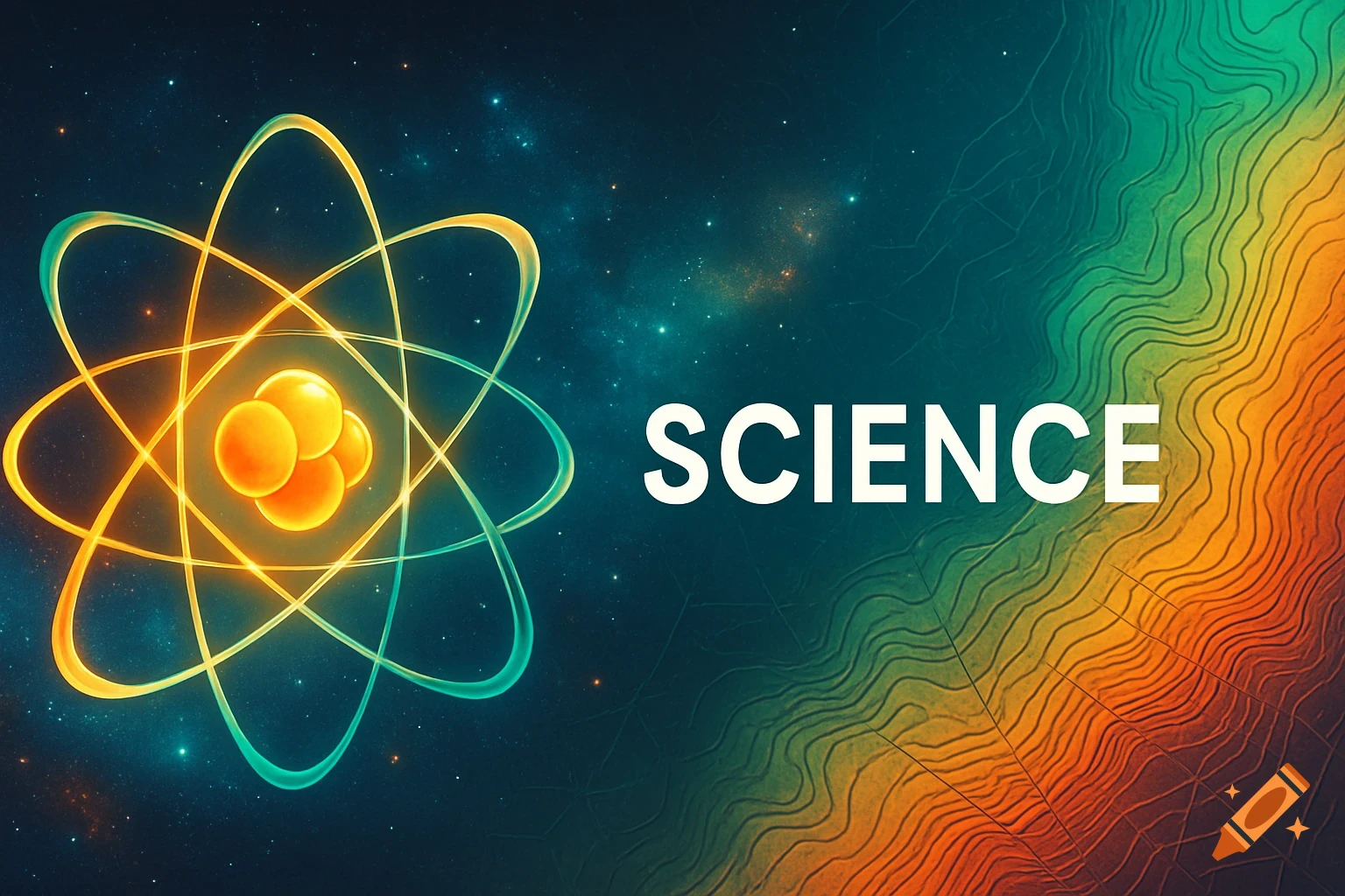 Stylized atom model and the word 'SCIENCE' against a cosmic and textured abstract background.