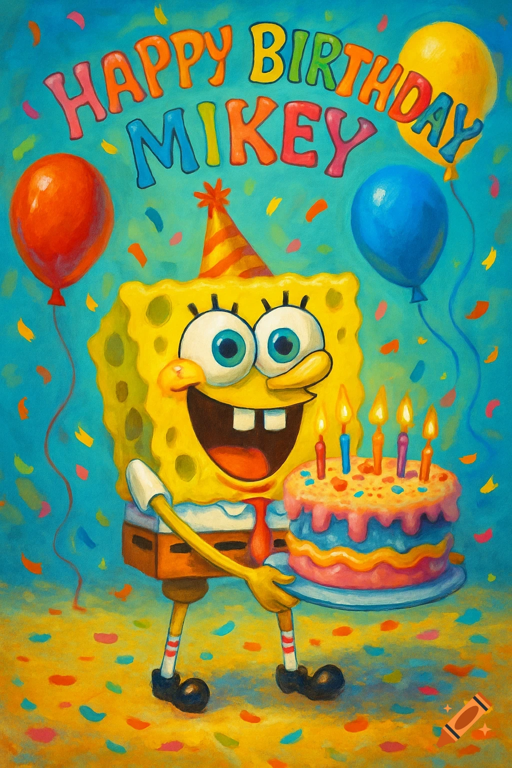 Painting of SpongeBob in a party hat, holding a birthday cake with candles, surrounded by confetti and balloons. Text reads 'HAPPY BIRTHDAY MIKEY'.