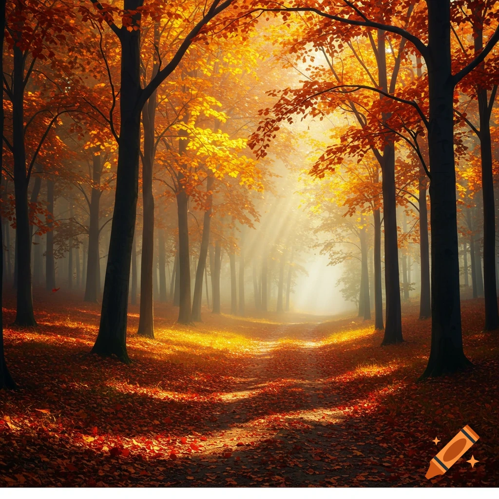 A narrow path winds through a misty autumn forest, illuminated by sunbeams filtering through vibrant orange and golden leaves.