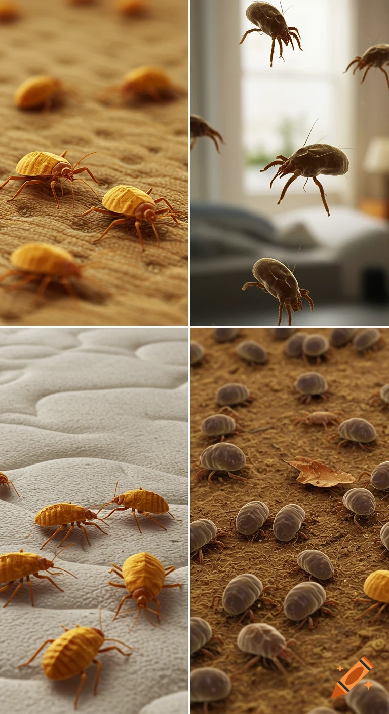 Photorealistic close-up quad-panel image showing bed bug and dust mite infestations on mattresses and floating.