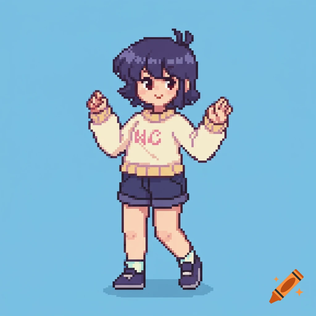 A full body 8-bit pixel art anime girl with dark blue hair, wearing a cream sweater and dark shorts, against a light blue background.