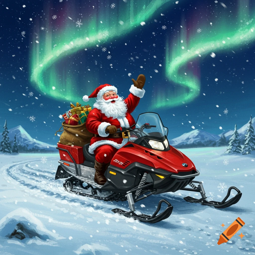 Santa Claus on a red snowmobile, loaded with gifts, waving under the Northern Lights in a snowy landscape, digital art.