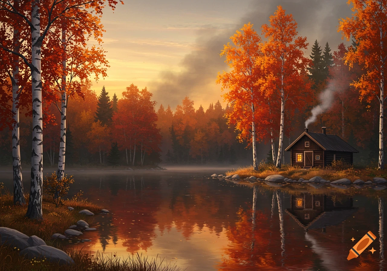 A cozy wooden cabin by a still lake, surrounded by vibrant orange and red autumn trees under a warm sunset sky. Smoke rises from the chimney.