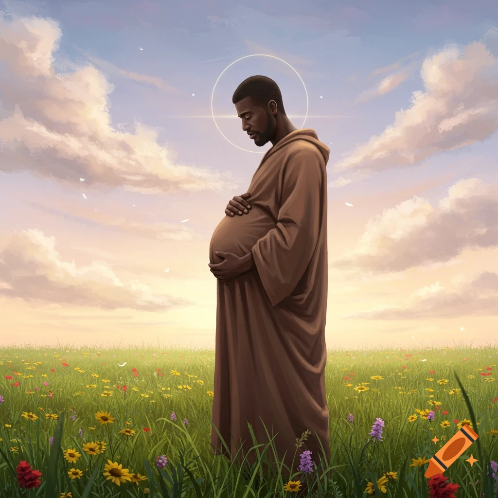 A man resembling Kanye West, with a halo, stands pregnant in a field of wildflowers under a cloudy sky.