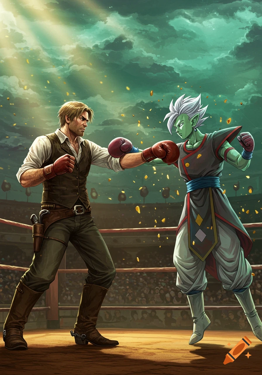 Arthur Morgan and Zamasu boxing in a ring under a dynamic green sky, stylized anime art.