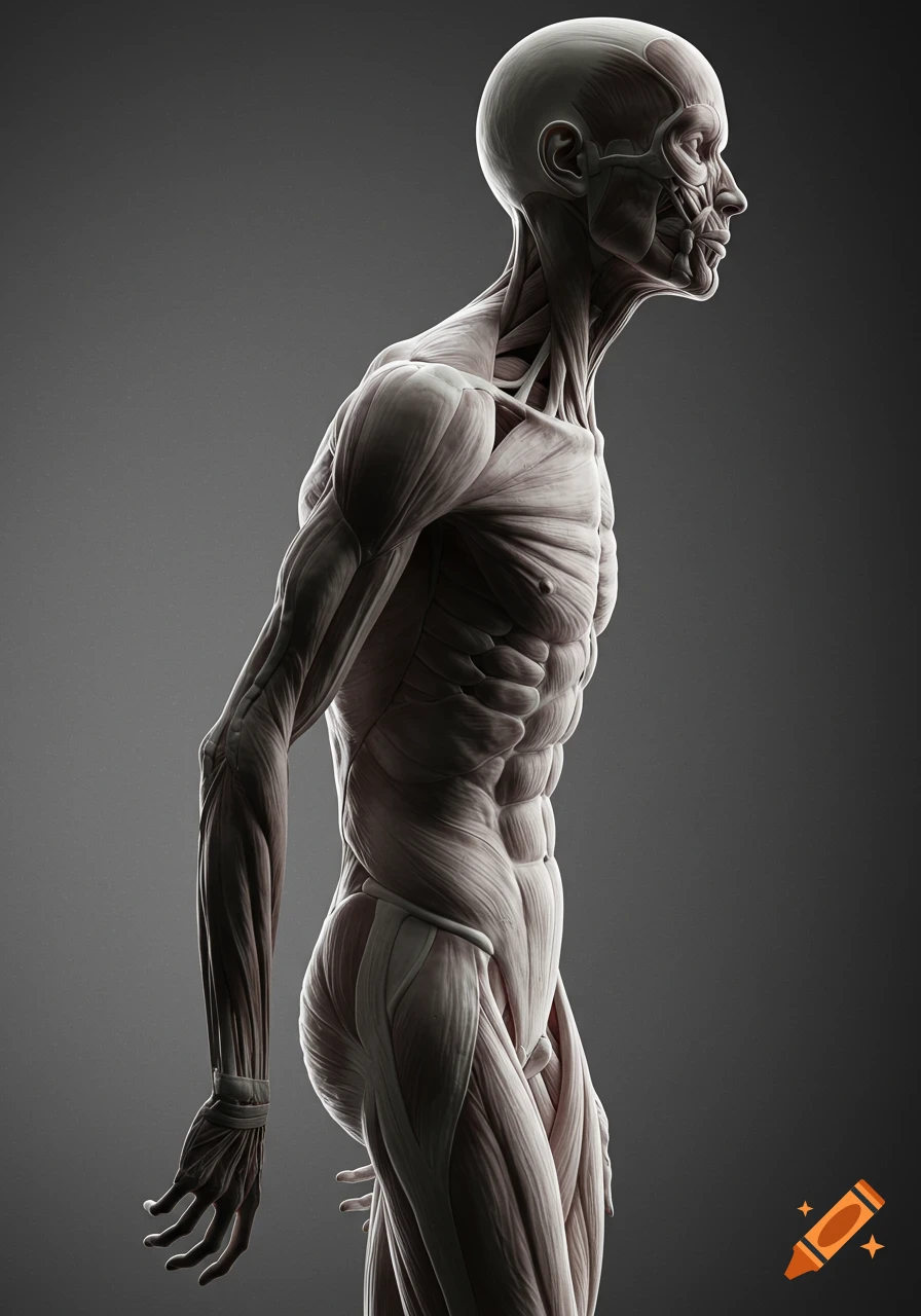 Detailed 3D render of the male human muscular system in profile against a dark gray background.