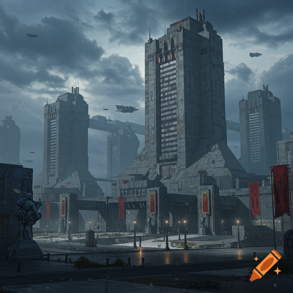 A moody, brutalist dystopian cityscape with imposing concrete skyscrapers, flying vehicles, and red banners under a stormy sky.