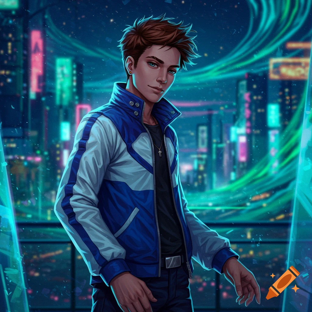 A young man with brown hair and green eyes stands in front of a futuristic city with neon lights at night, in a digital art style.