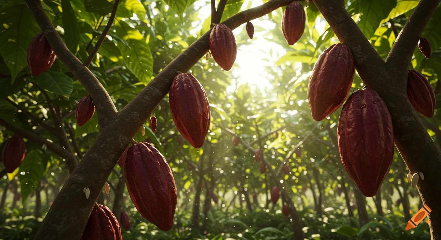 Close-up of ripe red cocoa pods growing on trees in a lush, sun-drenched plantation, photorealistic style.