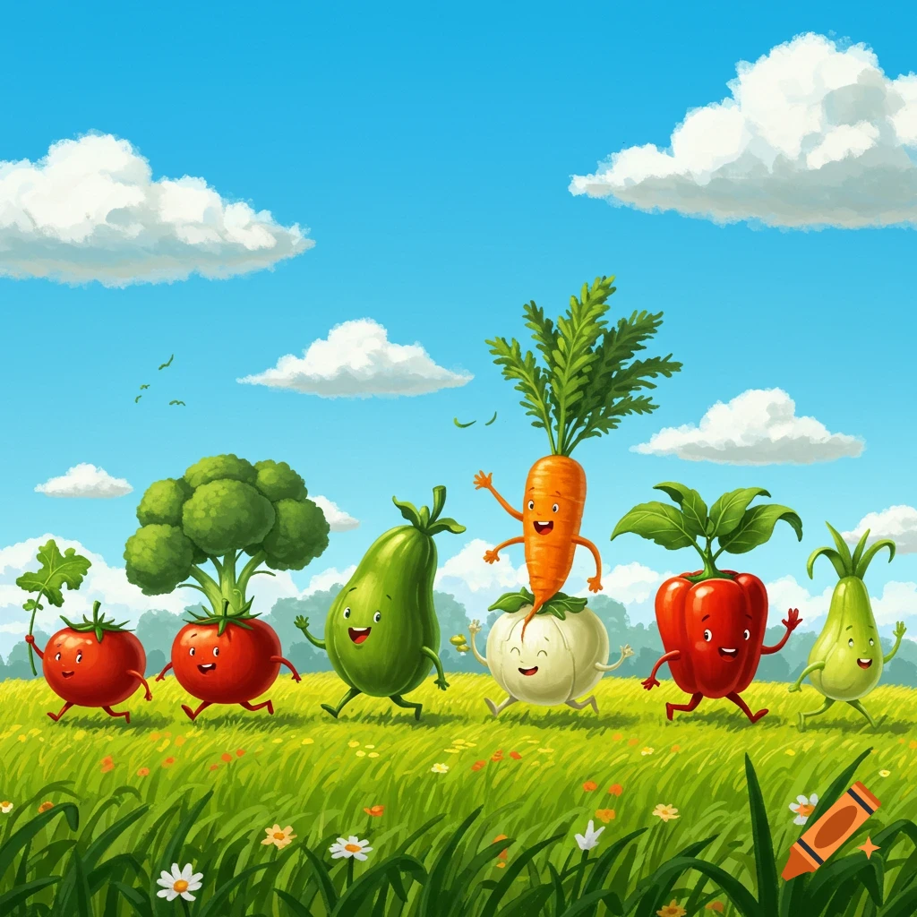 Happy cartoon vegetables, including tomatoes, broccoli, squash, garlic, pepper, and onion, walking in a line across a grassy meadow under a blue sky with clouds.