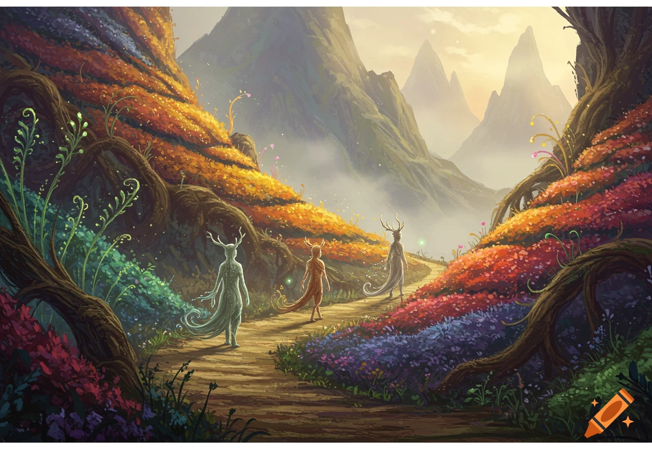 Three antlered creatures on a winding path through a vibrant, mystical mountain landscape, digital painting.