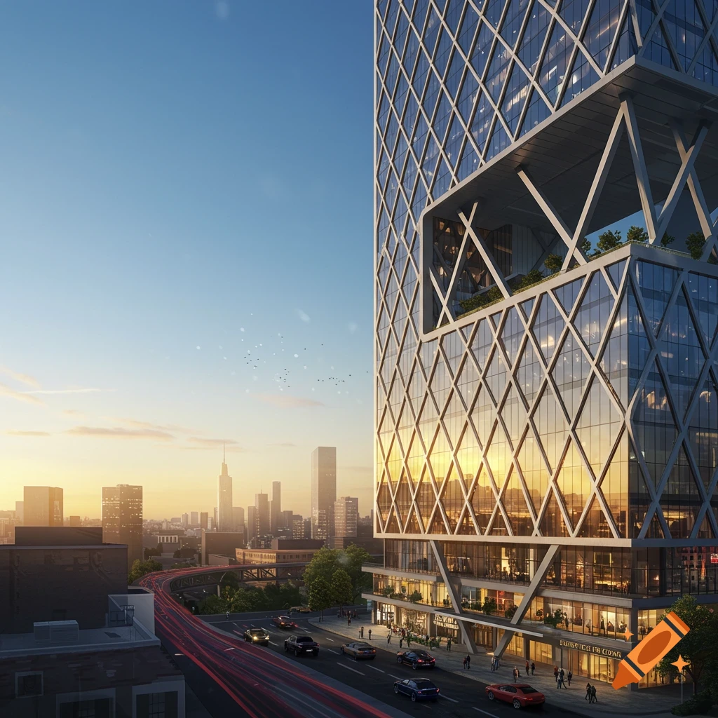 A modern skyscraper with a diamond-patterned glass facade at sunrise/sunset, overlooking a city street with car light trails.