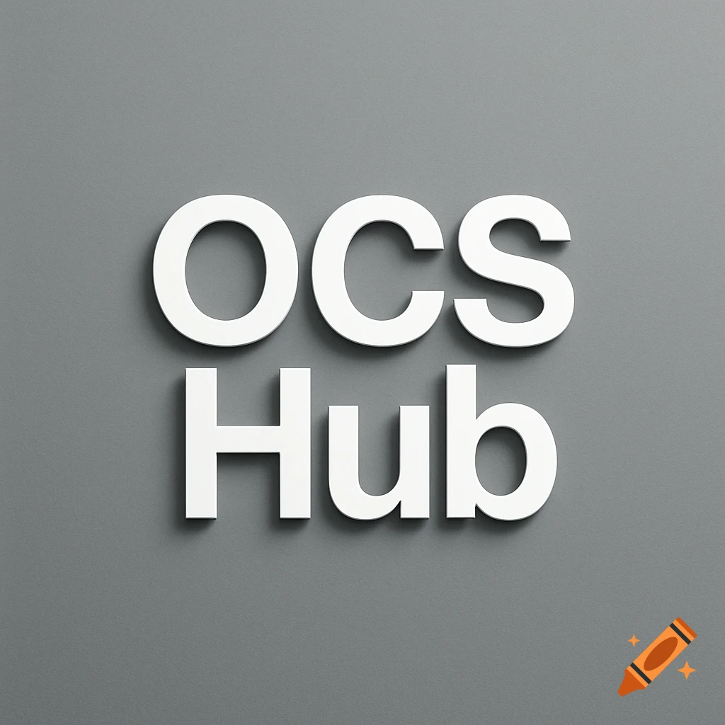 White 3D text 'OCS Hub' with subtle shadow on a solid gray background.