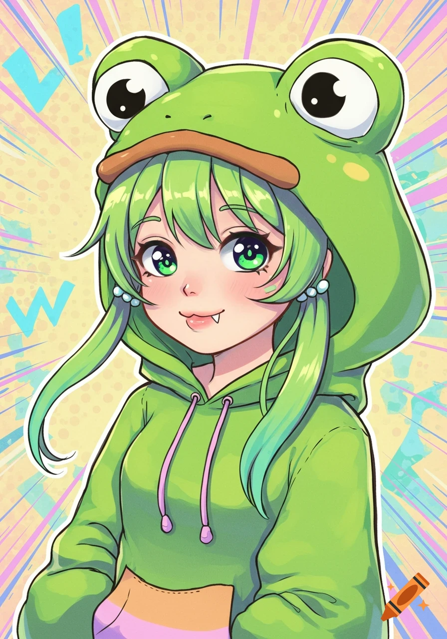 An anime girl with green hair wearing a green frog hoodie, smiling with small fangs. The background has colorful comic book-style rays.
