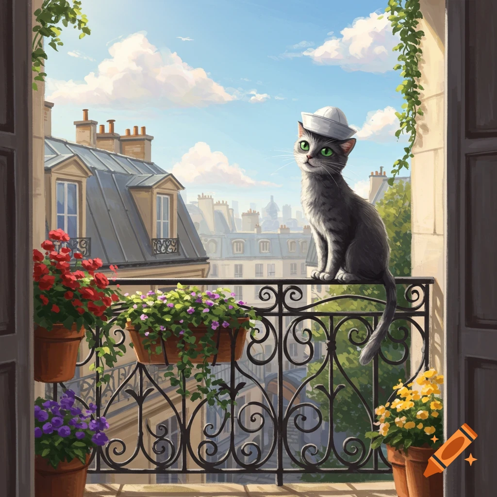 An illustrated grey cat in a white hat on a Parisian balcony railing with flowers, overlooking city rooftops.