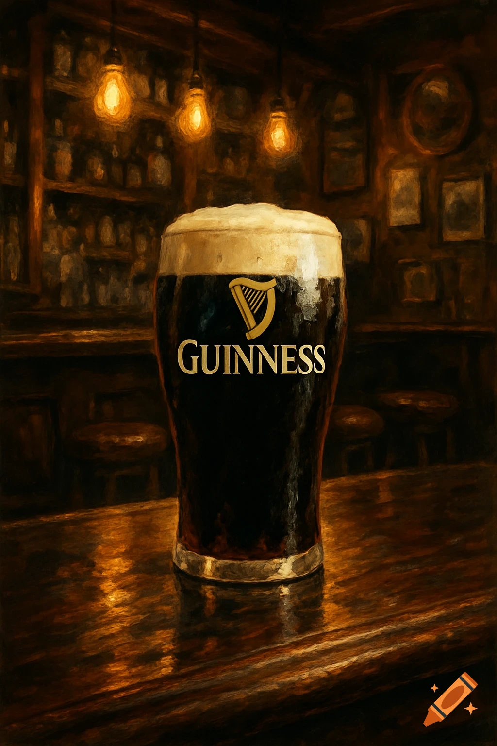 A painterly close-up of a pint of Guinness stout with a foam head, sitting on a wooden bar in a dimly lit pub.