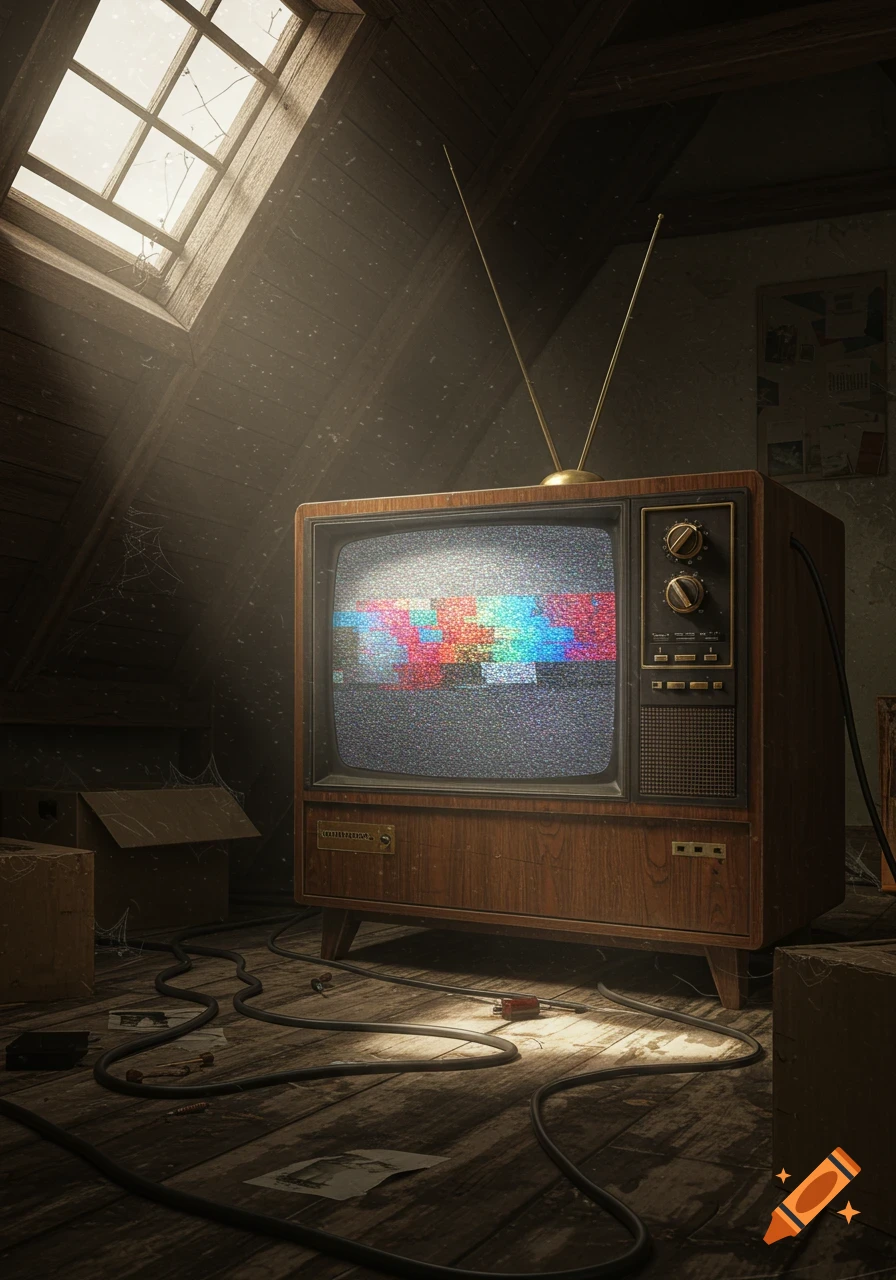 An old wooden TV with static on the screen sits in a dusty attic, illuminated by light from a skylight.