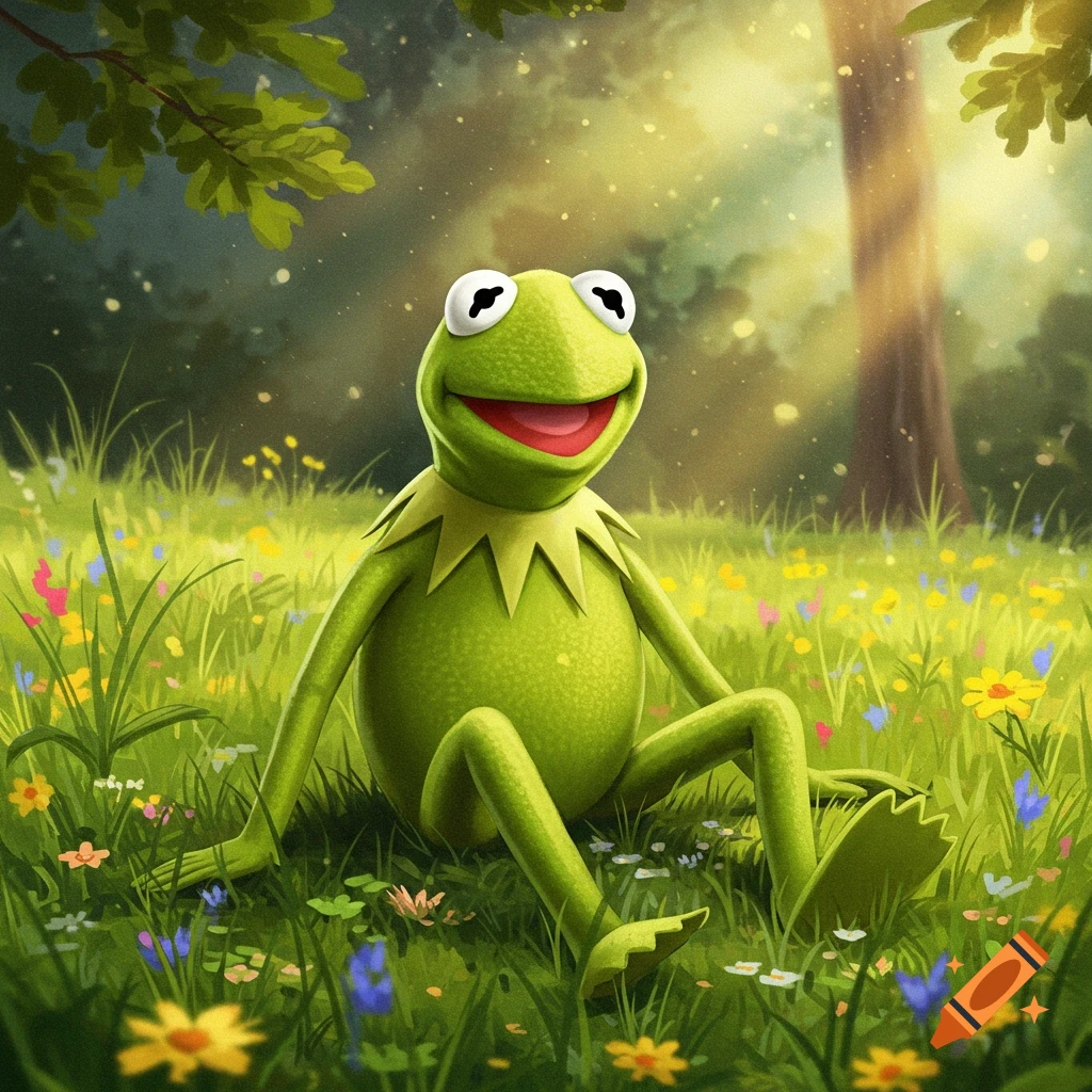 Kermit the Frog sits smiling in a vibrant, sun-dappled grassy field filled with colorful wildflowers.