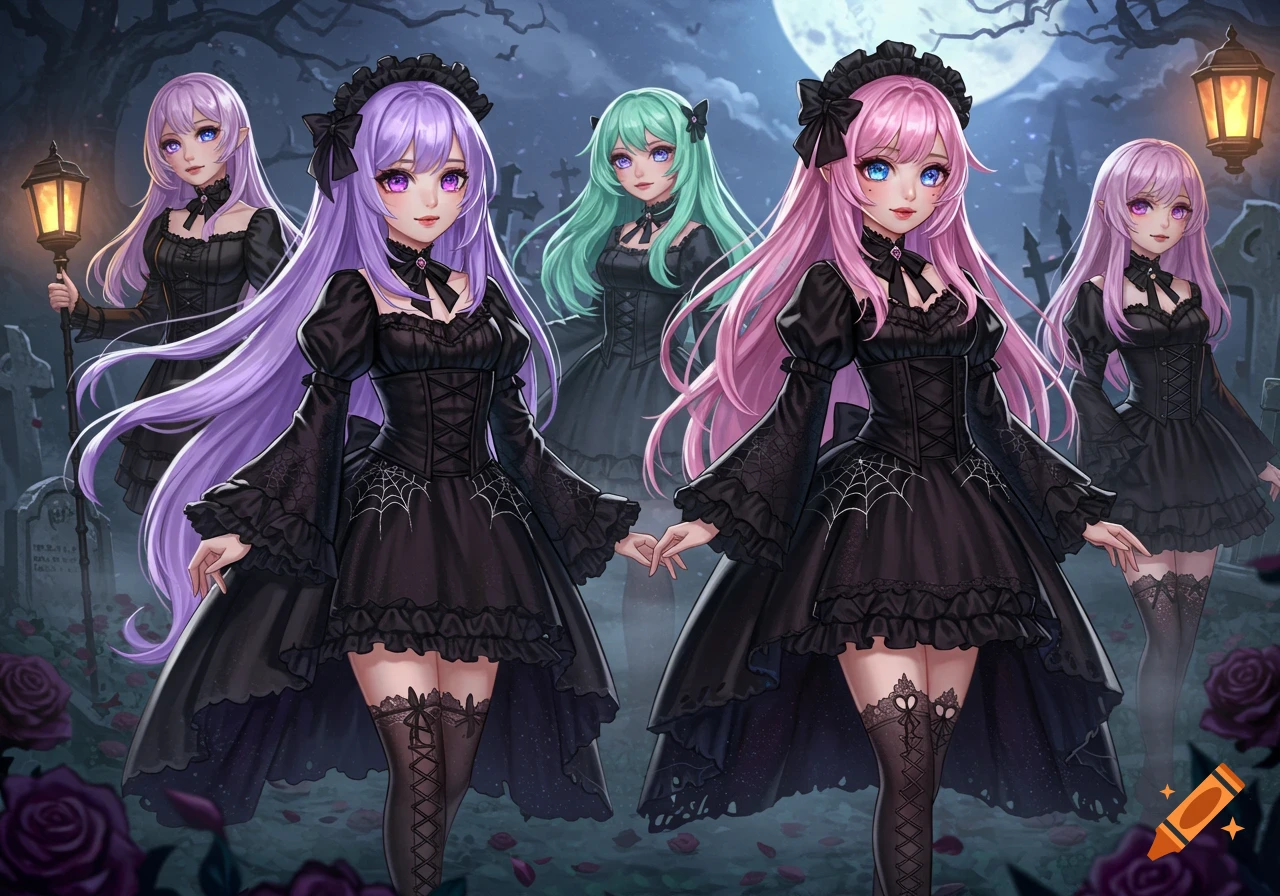 Multiple anime-style gothic girls with colorful hair stand in a spooky graveyard under a full moon.