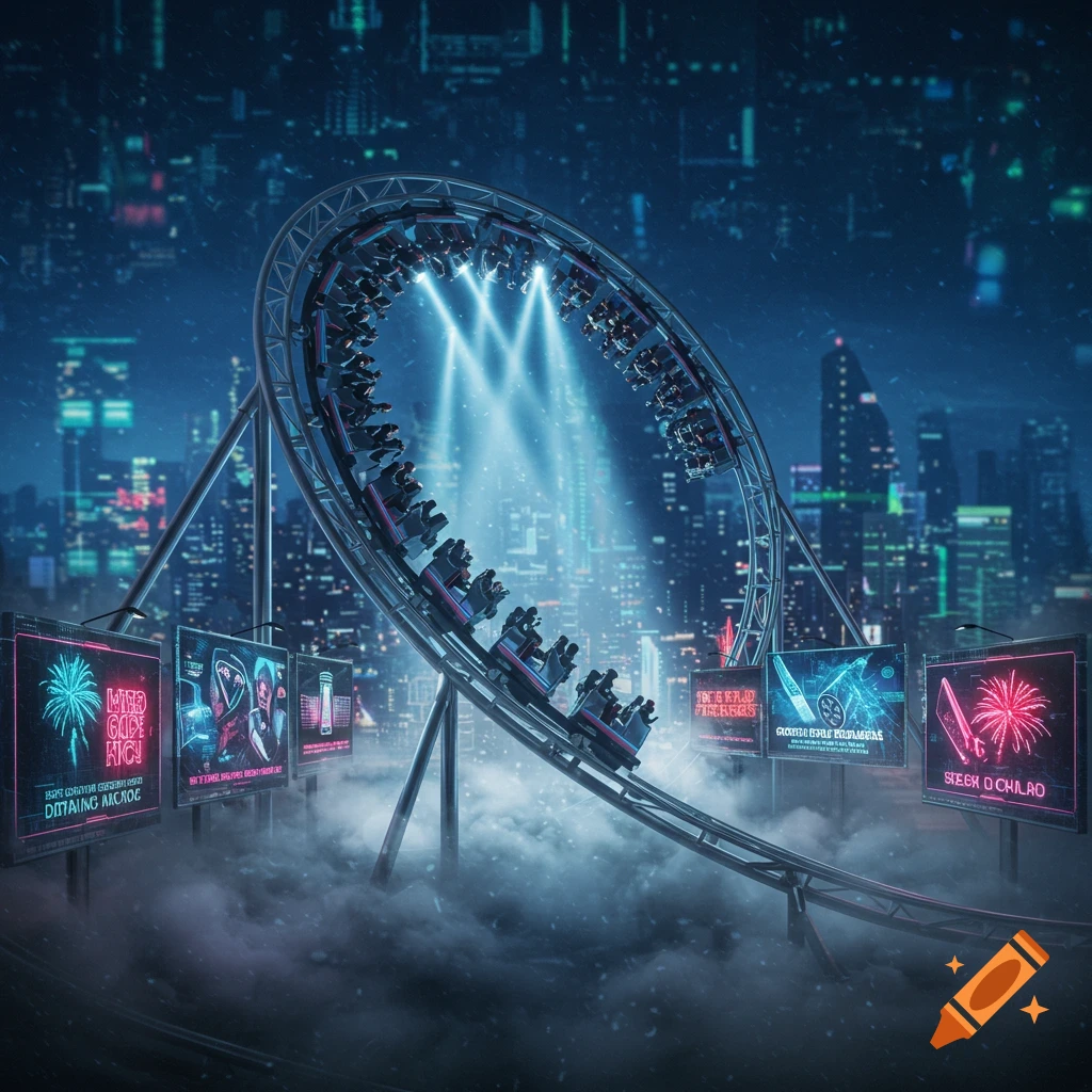 A futuristic roller coaster loops over a misty cyberpunk city at night, illuminated by bright spotlights and glowing billboards.