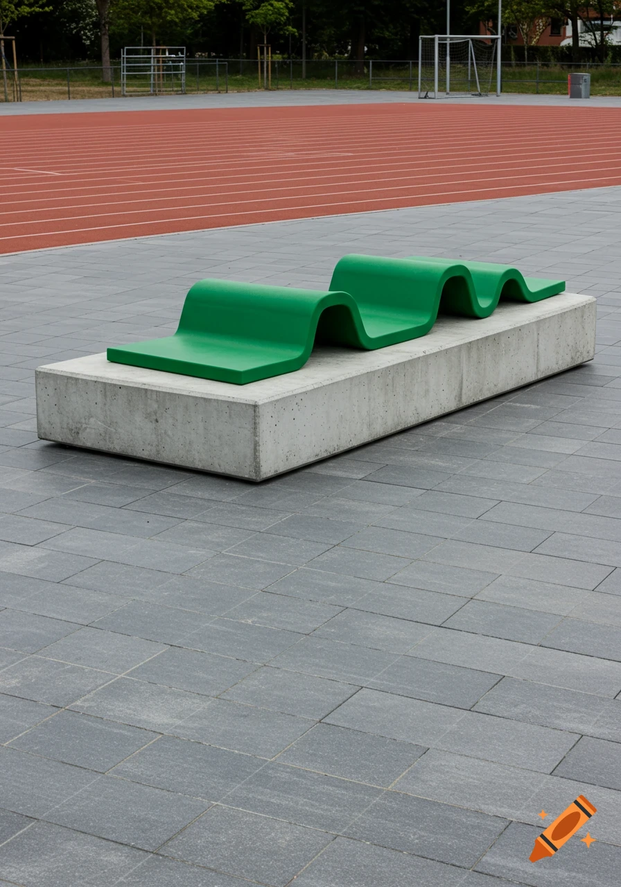 A modern concrete bench with green wavy seats on tiled ground next to a red running track under a grey sky.
