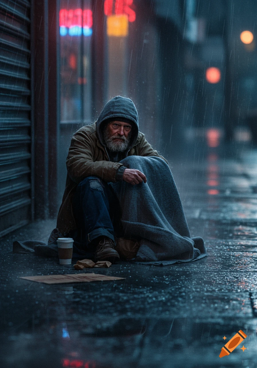 A bearded homeless man in a hooded jacket and jeans sits huddled under a blanket on a wet city street in the rain at night, with blurred neon signs in the background.